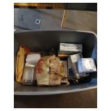 Tote of misc, new tissues, stire jar, marbles etc