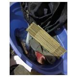 Misc tote lot, miter boxand 2 saws, snap ring