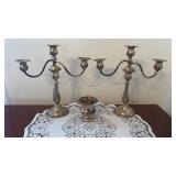 Vtg weighted silver-plated, three-arm candelabras
