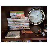 Clock nick nacks and misc magazines