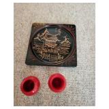 Nikko Japan wooden plate & 2 small vases