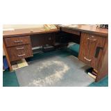 L-shaped computer desk, laminate wood grain,