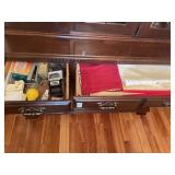 2 drawer lot- table linens & variety of office