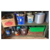 2 shelf lot of metal tins, doorknobs, etc
