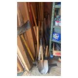 Corner lot of shovels, axes, etc