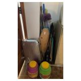 Corner Lot of Cleaning Mops, Brooms. Luggage and