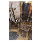 Brass Fireplace Tool Set & Brass Magazine Rack