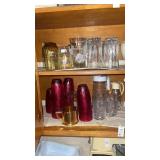 2 shelf lots of Glass cups, pitchers, etc