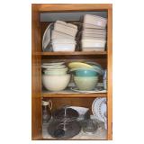 3 shelf lots of Tupperware, serving tray, etc