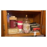 Lot with Candy Jar, Cassettes, and assorted items