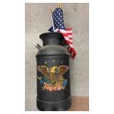 Americana decaled milk can and flags