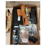 Tray lot of misc. knife sheaths, Estwing hatchet