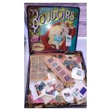 Vintage French biscuit tin of postage stamps to