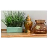Brass Ginger Jar, faux grass, amber glass pot