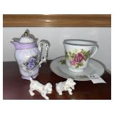 2 bone china miniature dogs, tea pot & variety