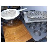 Baking pans, glass mixing bowl & strainers