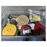 Bin lot of various kitchen utensils