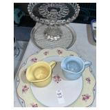 Vintage glass cake stand & platter & floral