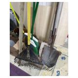 Shovels,  rakes, brooms & pole saw