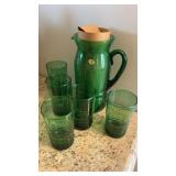 Hand Blown Green Glass Pitcher & 6 glasses- new