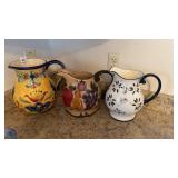 3 Ceramic Folk Art Painted Pitchers