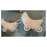 2 White Wicker Doll Carriages