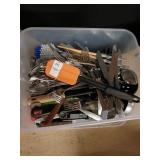 Tub lot of silverware and utensils