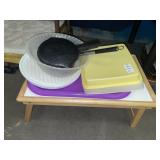 Wooden lap tray with Tupperware & kitchenware