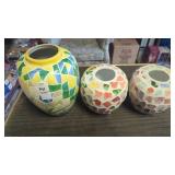 Set of 3 ceramic mosaic glass multicolored vases
