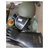 Military lot, gas mask, rubber gloves, helmet