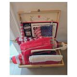 Wooden tea box and lot of small US flags