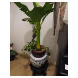 Faux plant and wooden stand