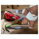 Box of toys, vintage teddy bear, beanbag frog,
