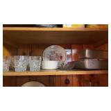 Shelf Lot of Glass, Pans and More