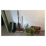 Lot of Brooms, Small Hand Tools, Planters, etc.