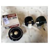 Three fishing reels, PFlueger, Zebco 202, Zebco