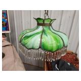 Victorian green slag glass drop crystal swag