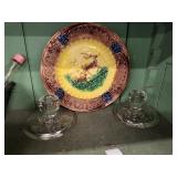 Majlic plate & 2 glass candle holders