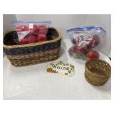 Wicker basket, cloth, and plastic apples, ceramic