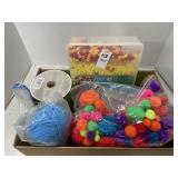 Box of craft supplies, beads, netting, yarn