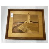Wood inlaid lighthouse picture 13 x 16