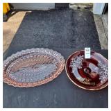 Vintage pink glass platter, Holiday pattern, Ruby