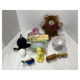 chalk, wooden train, bug catcher, crocheted