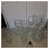 3 vintage cut glass pitchers, two wine glasses,