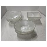 Five plastic insert pressed glass containers, 7 ï¿½