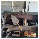 antique wooden tool chest containing various