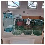 Vintage produce basket, 2 blue qt jars, 2 blue