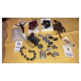 Catholic medals, rosaries, sterling bracelet