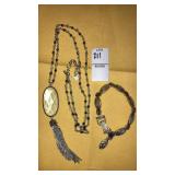 Lucky brand art deco tassel necklace, silvertone