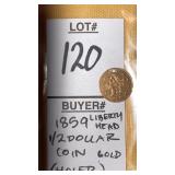 1859 Liberty Head 1/2 Dollar gold coin (holed)